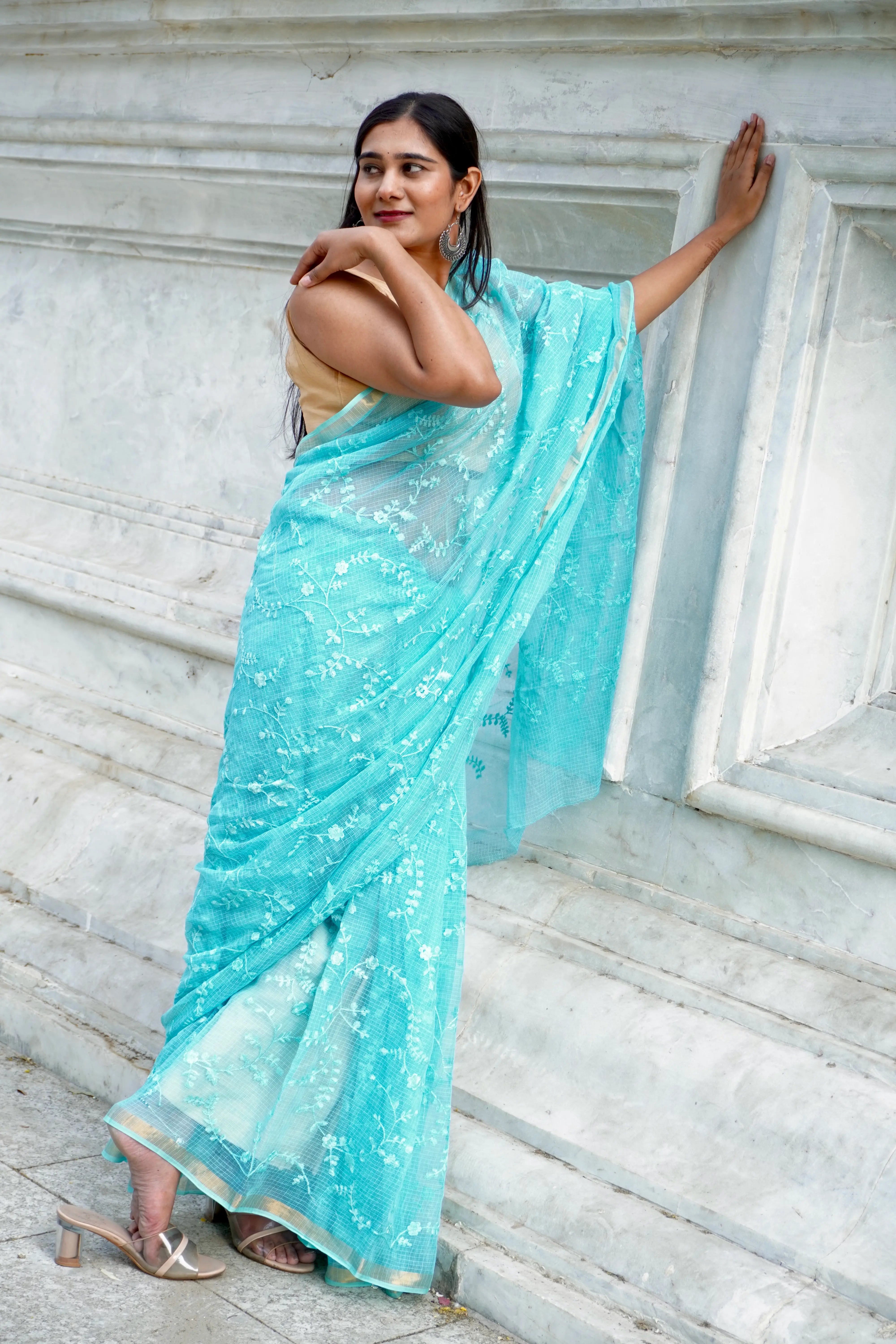 Turquoise Blue (Firozi) Cotton Saree with Opulent Embroidery