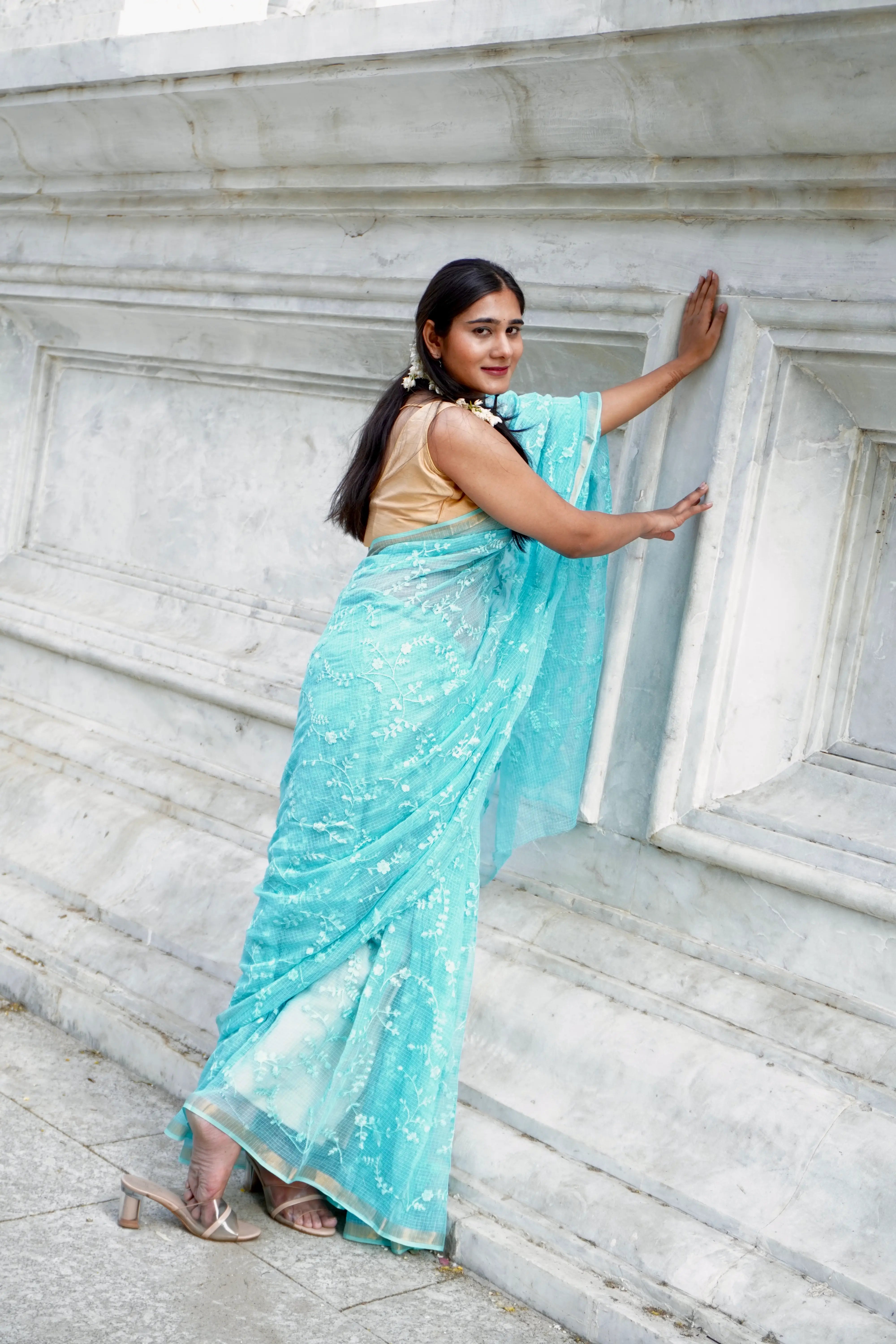 Turquoise Blue (Firozi) Cotton Saree with Opulent Embroidery