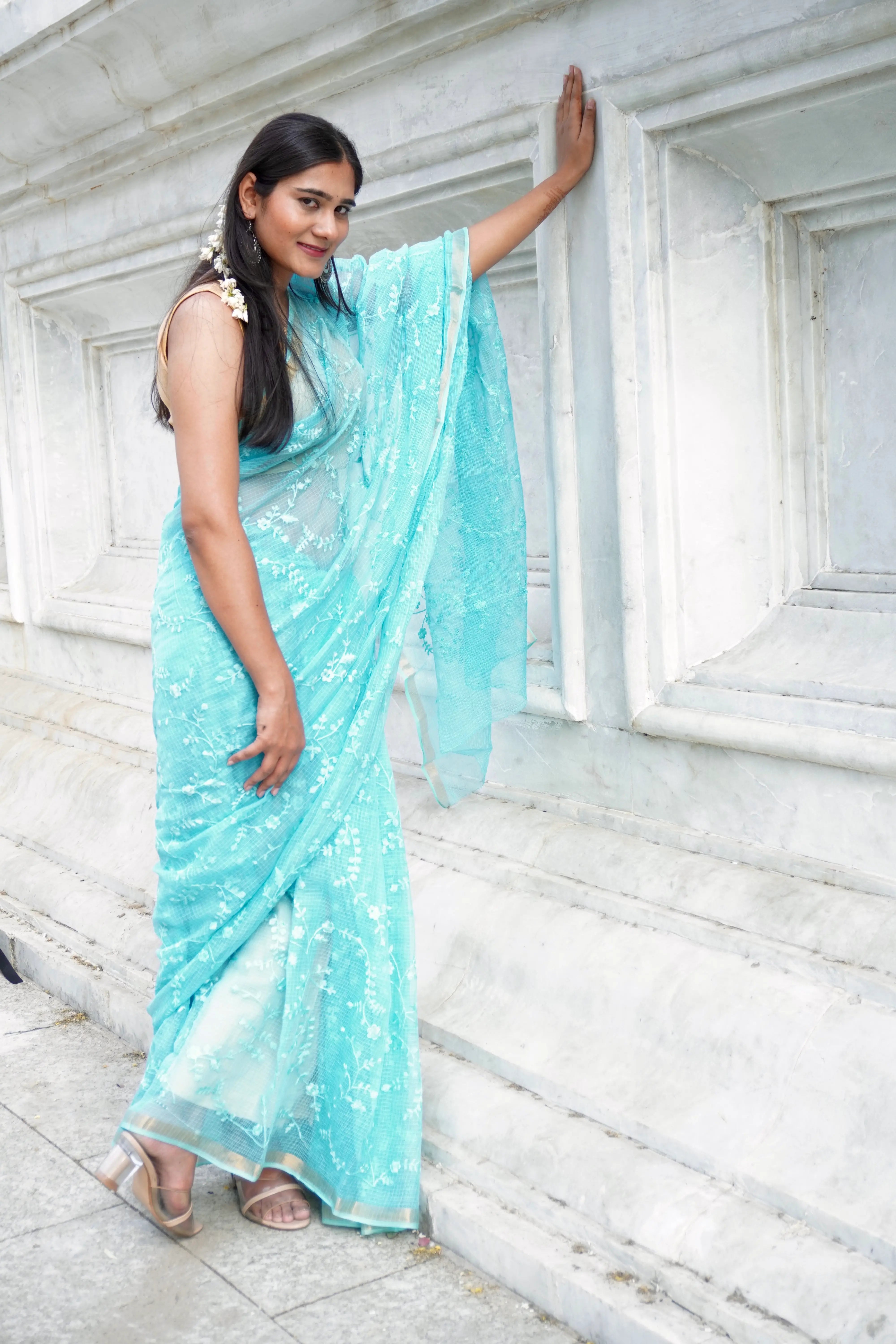 Turquoise Blue (Firozi) Cotton Saree with Opulent Embroidery