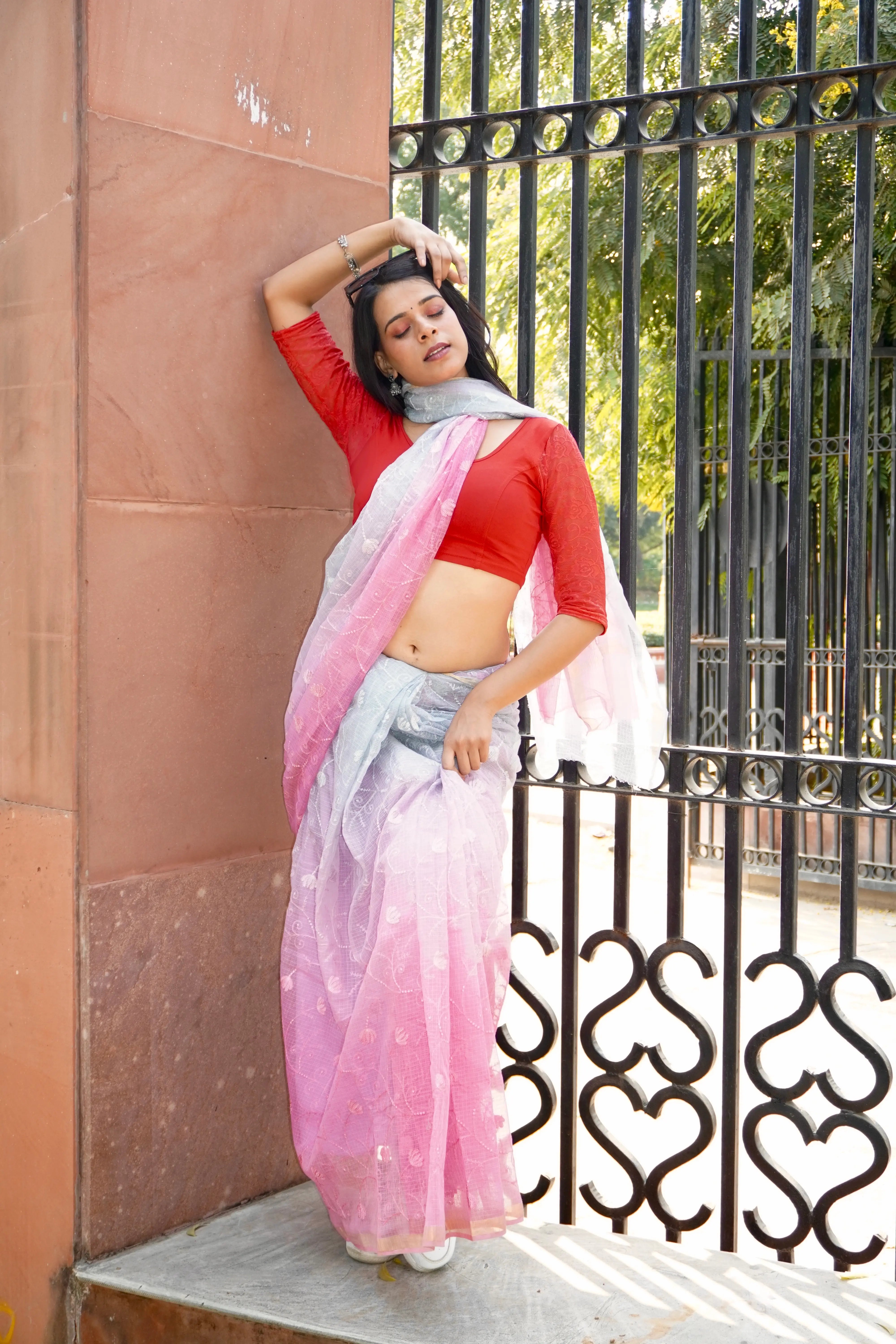 Purple Pink Ombre Organic Cotton Saree with All-Over Embroidery