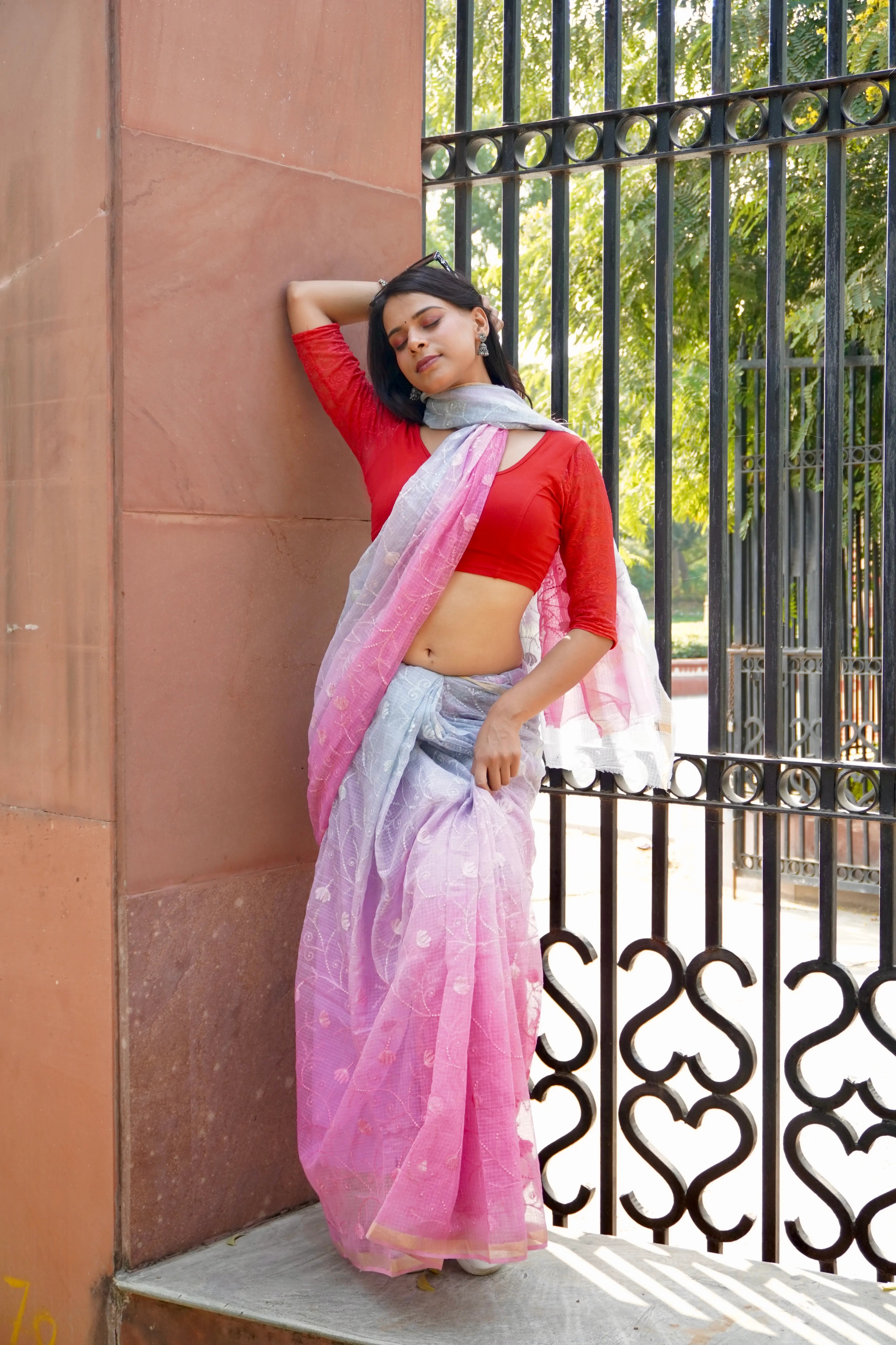 Purple Pink Ombre Organic Cotton Saree with All-Over Embroidery