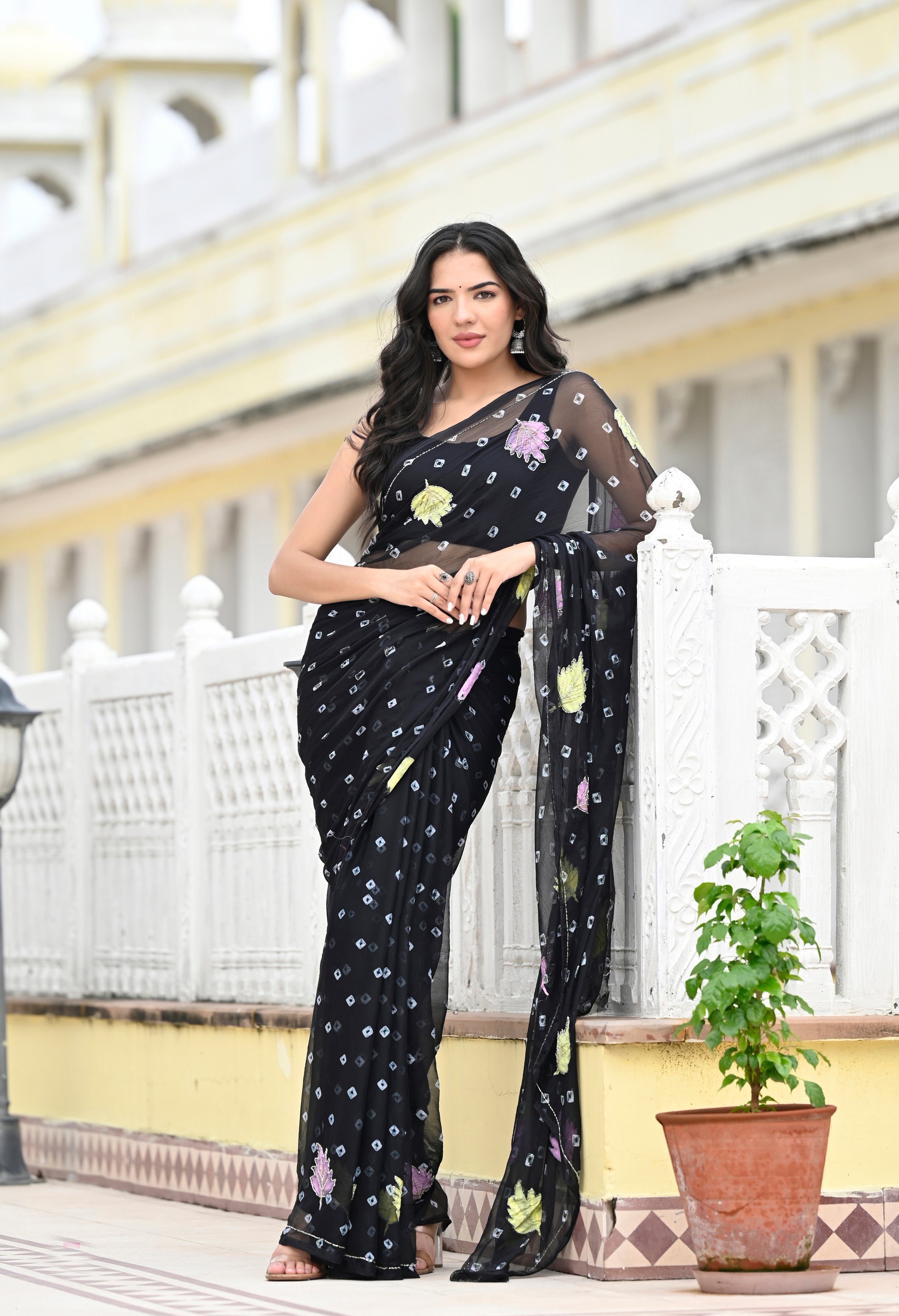 Midnight Black Chiffon in Jaipur Bandhani Style