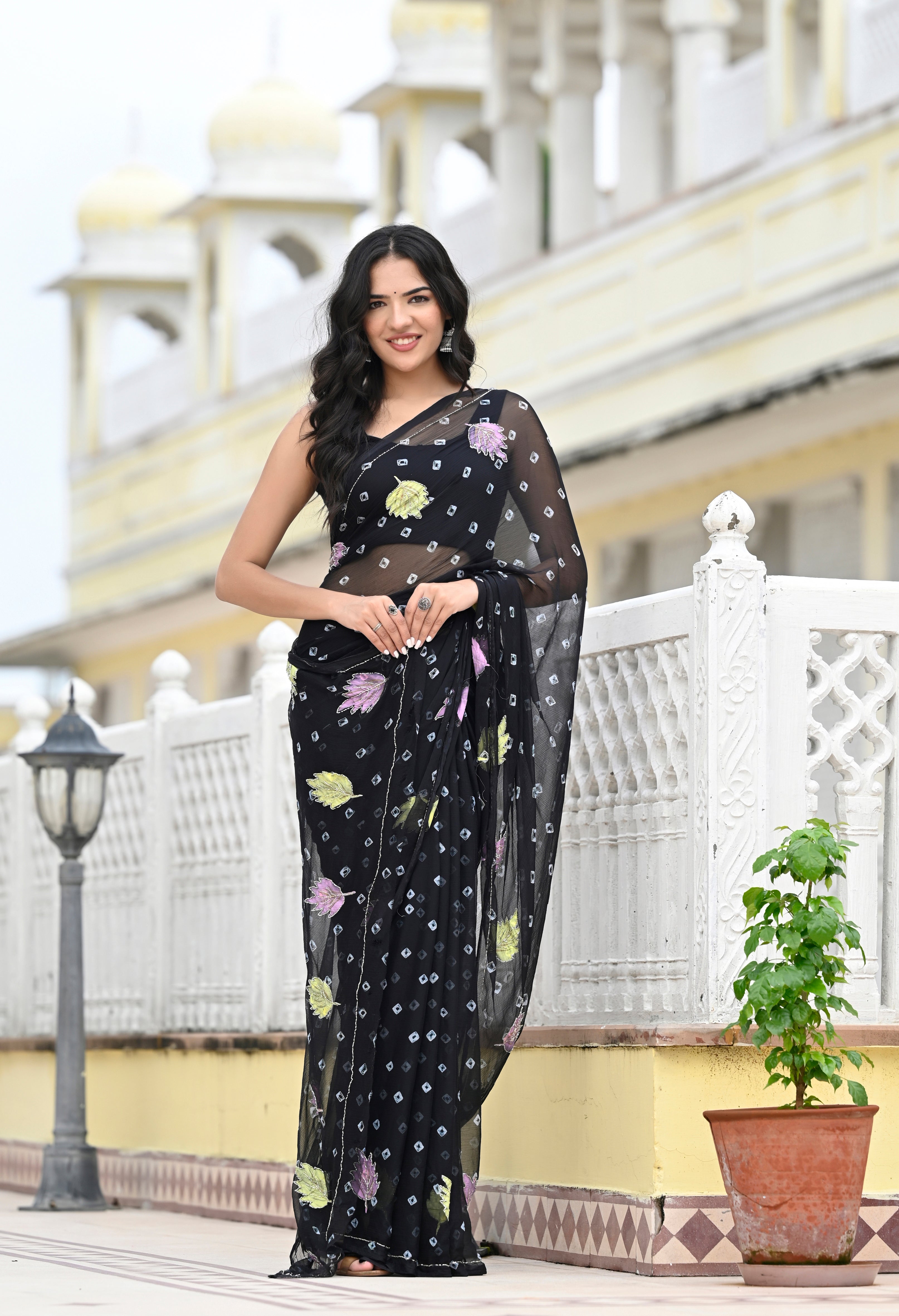 Midnight Black Chiffon in Jaipur Bandhani Style