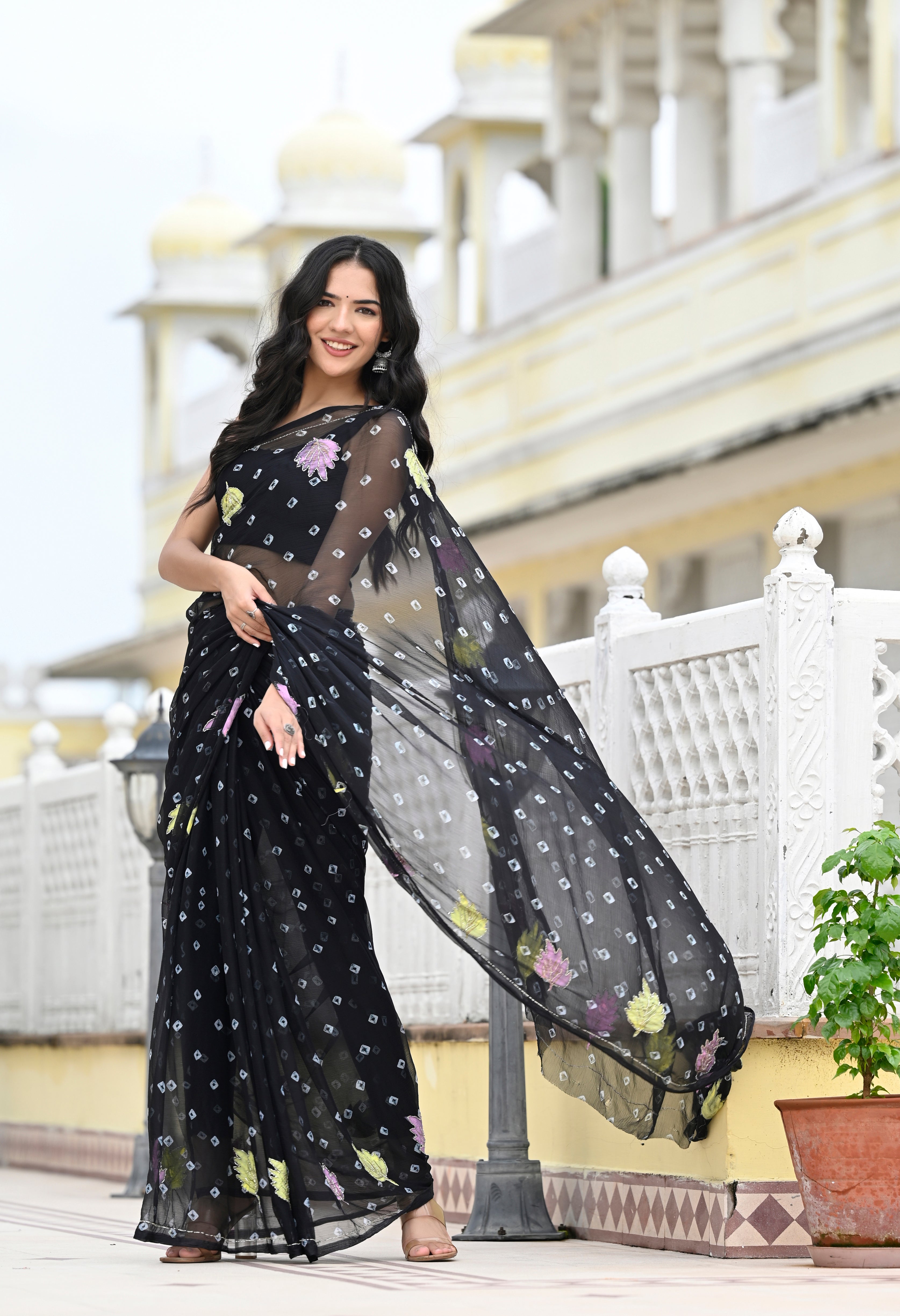 Midnight Black Chiffon in Jaipur Bandhani Style