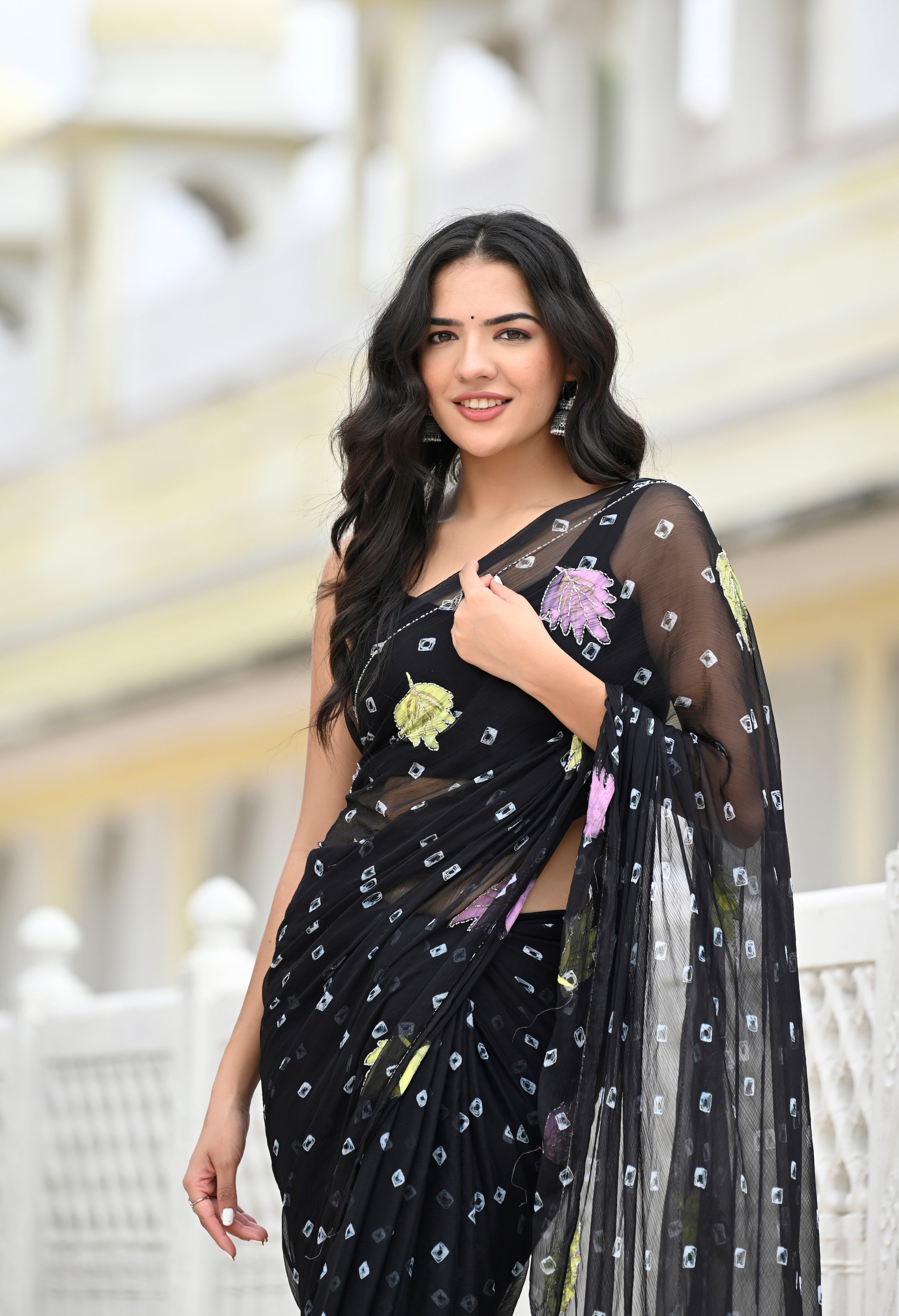 Midnight Black Chiffon in Jaipur Bandhani Style