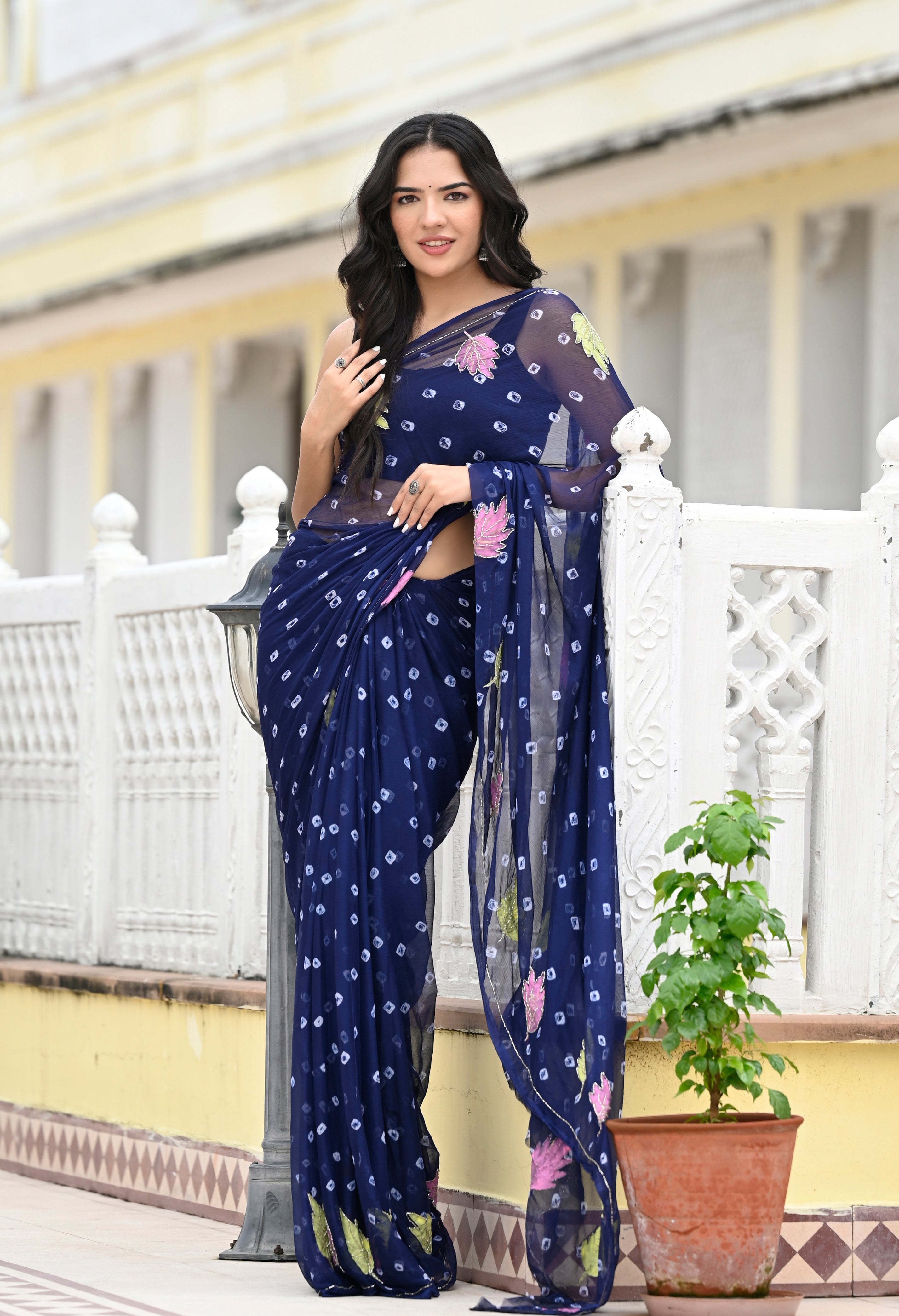 Royal Blue Chiffon with Jaipur Bandhani Style