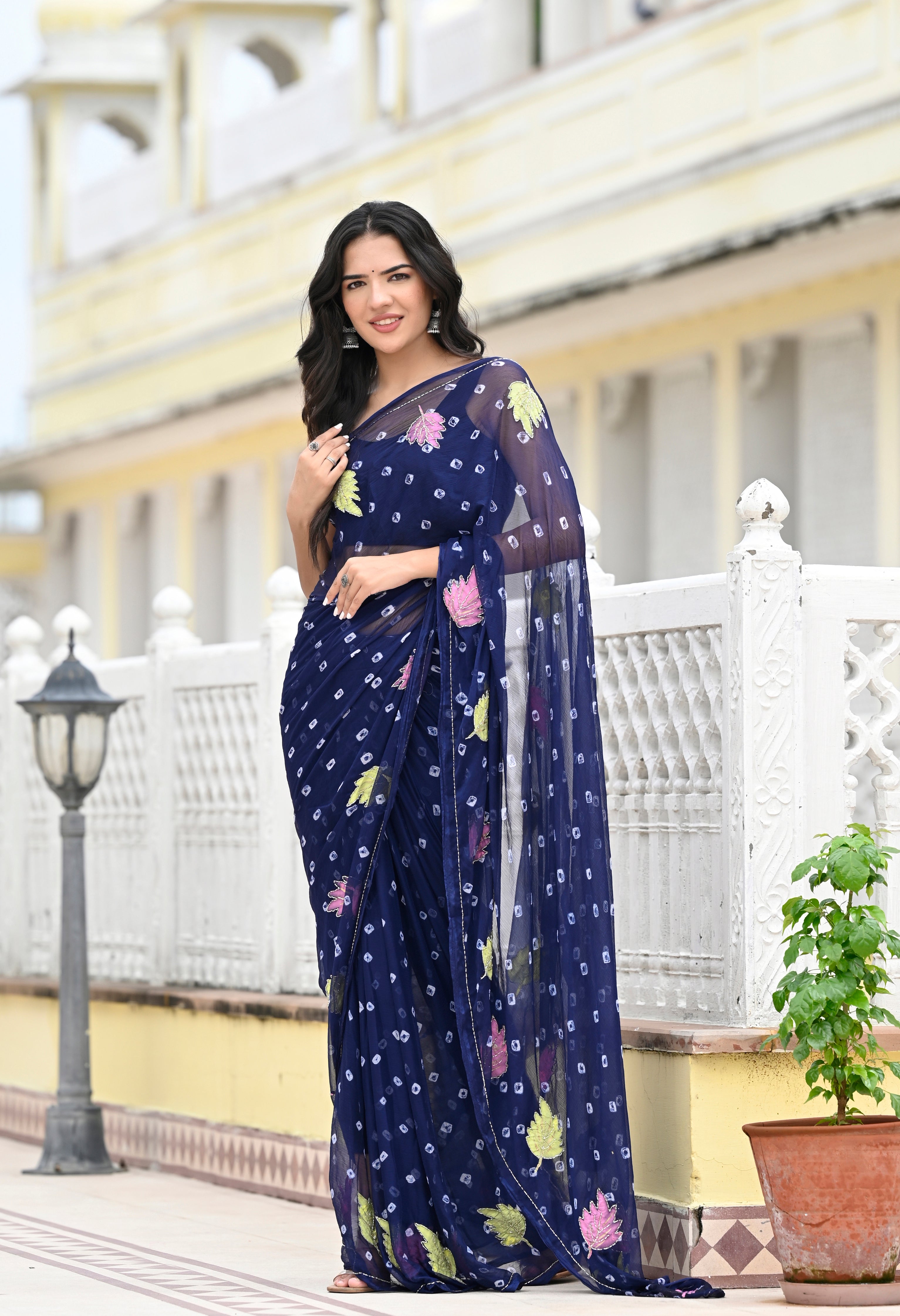 Royal Blue Chiffon with Jaipur Bandhani Style