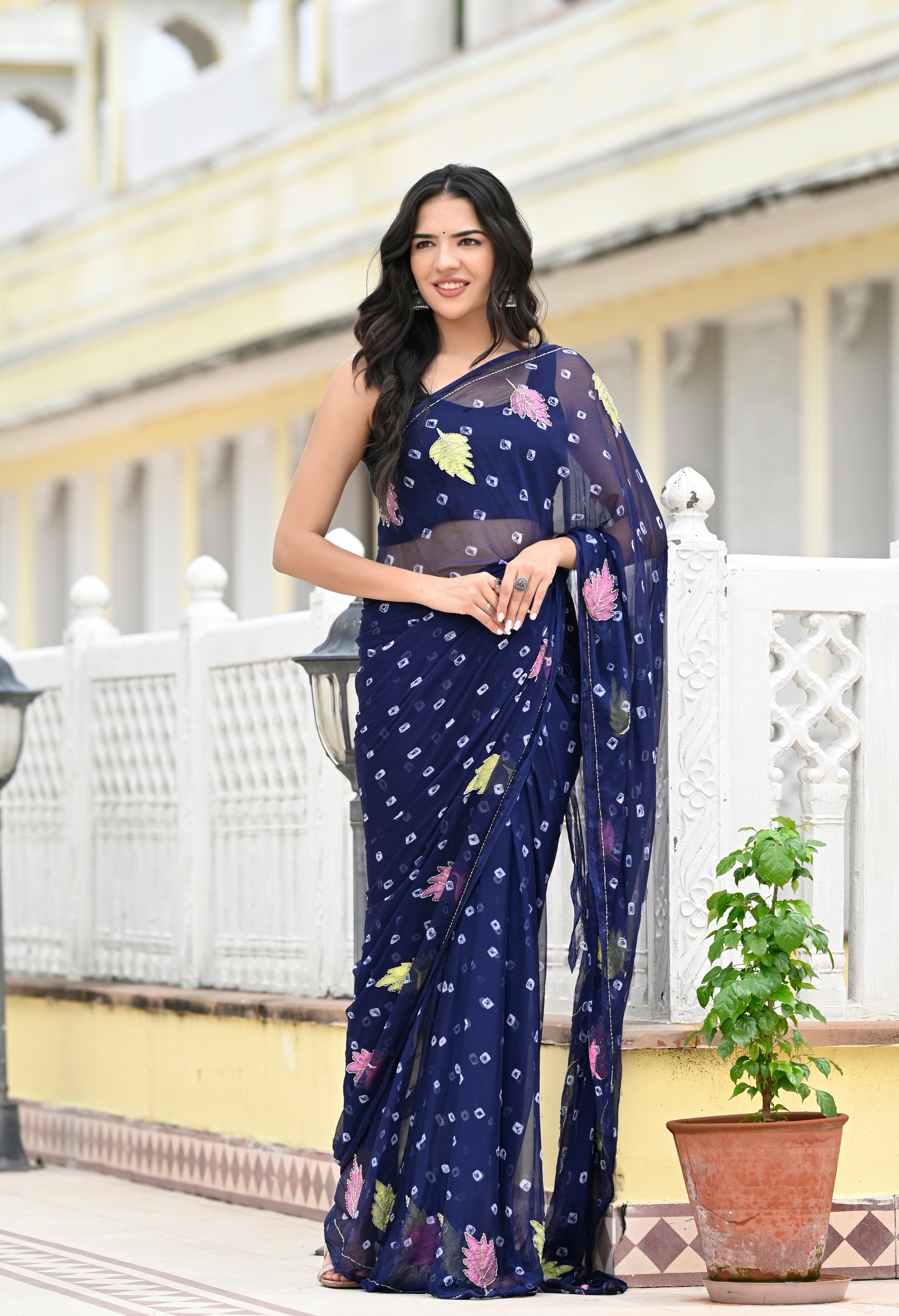 Royal Blue Chiffon with Jaipur Bandhani Style