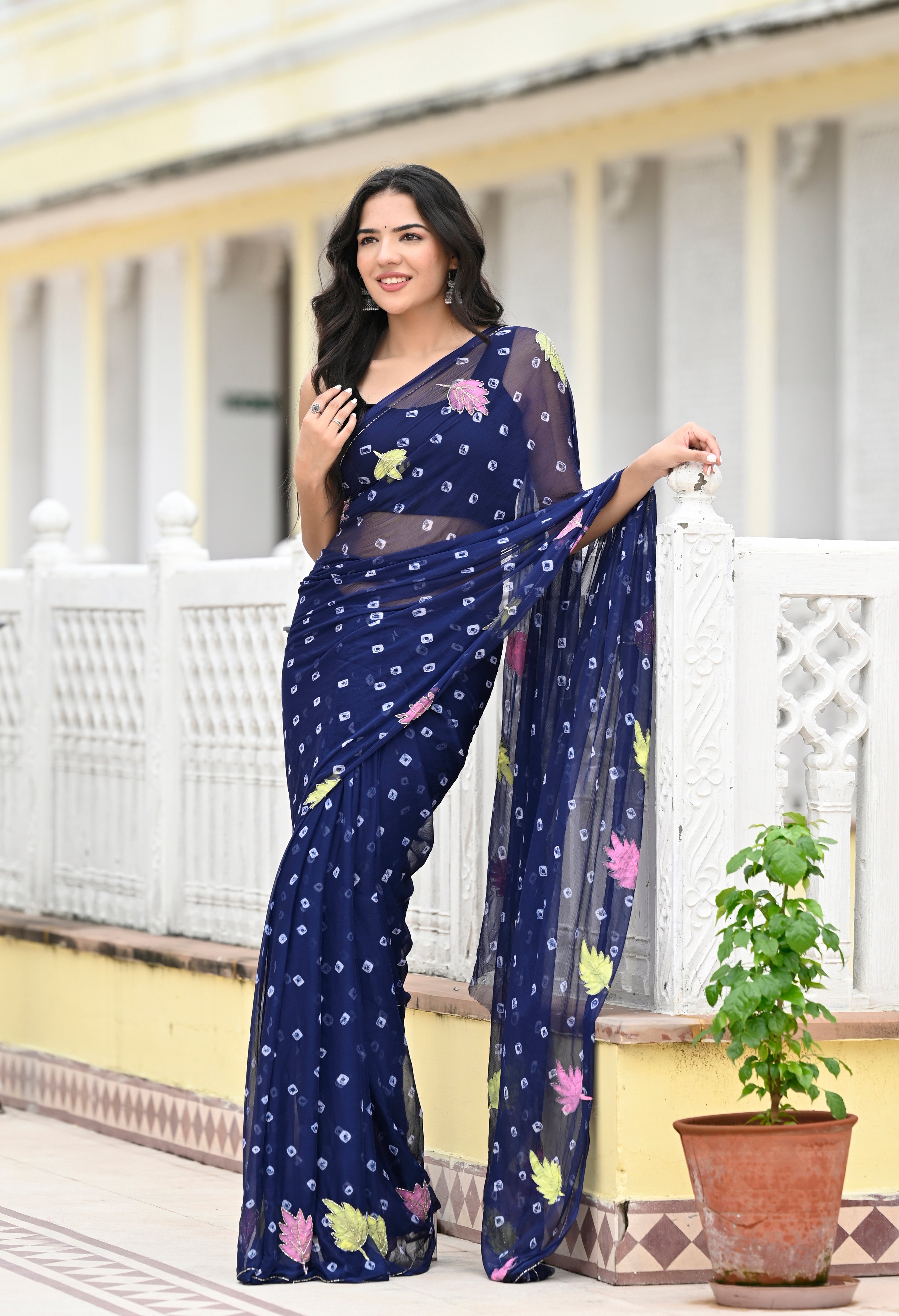 Royal Blue Chiffon with Jaipur Bandhani Style