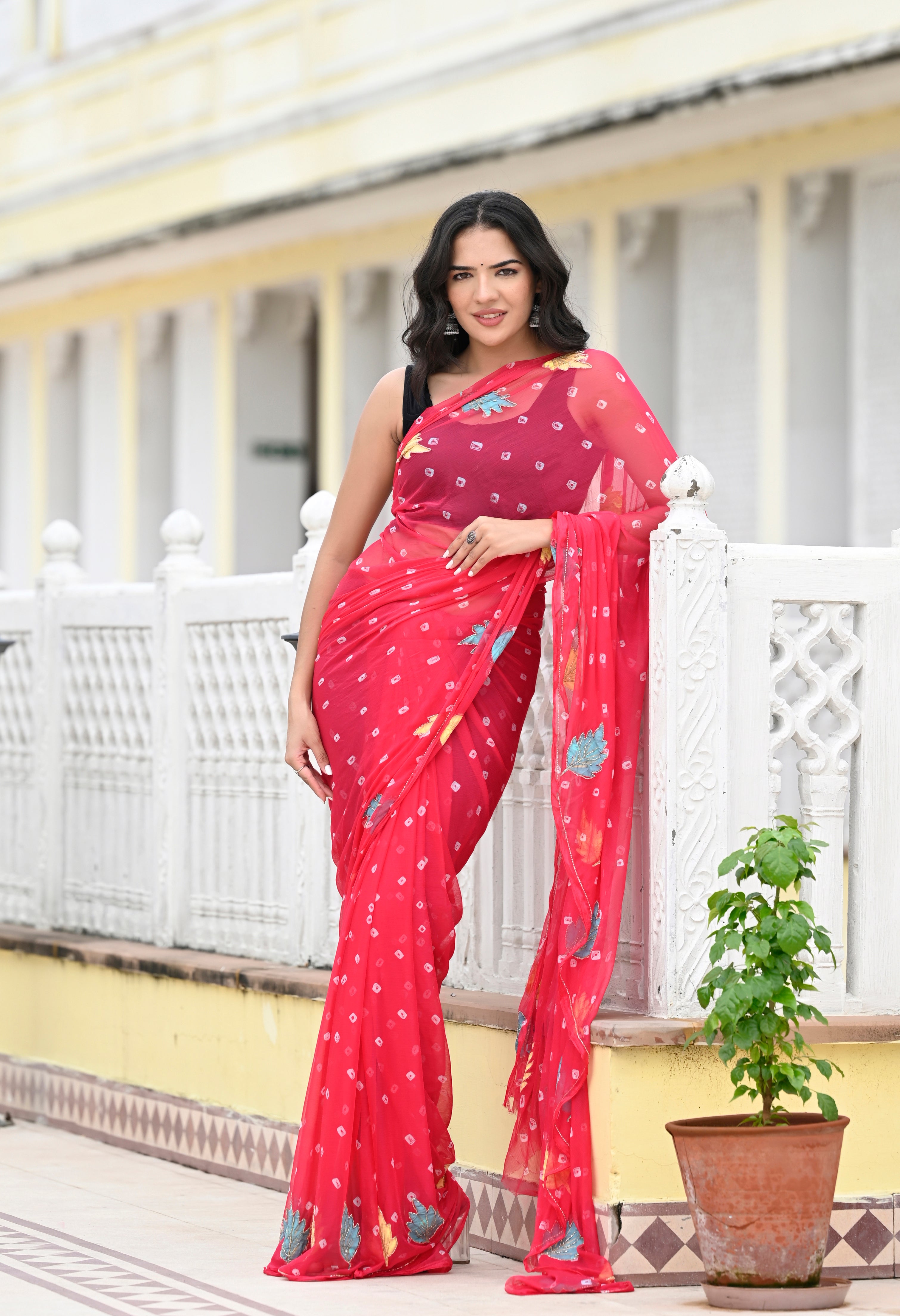 Rani Pink Chiffon in Jaipur Bandhani Style