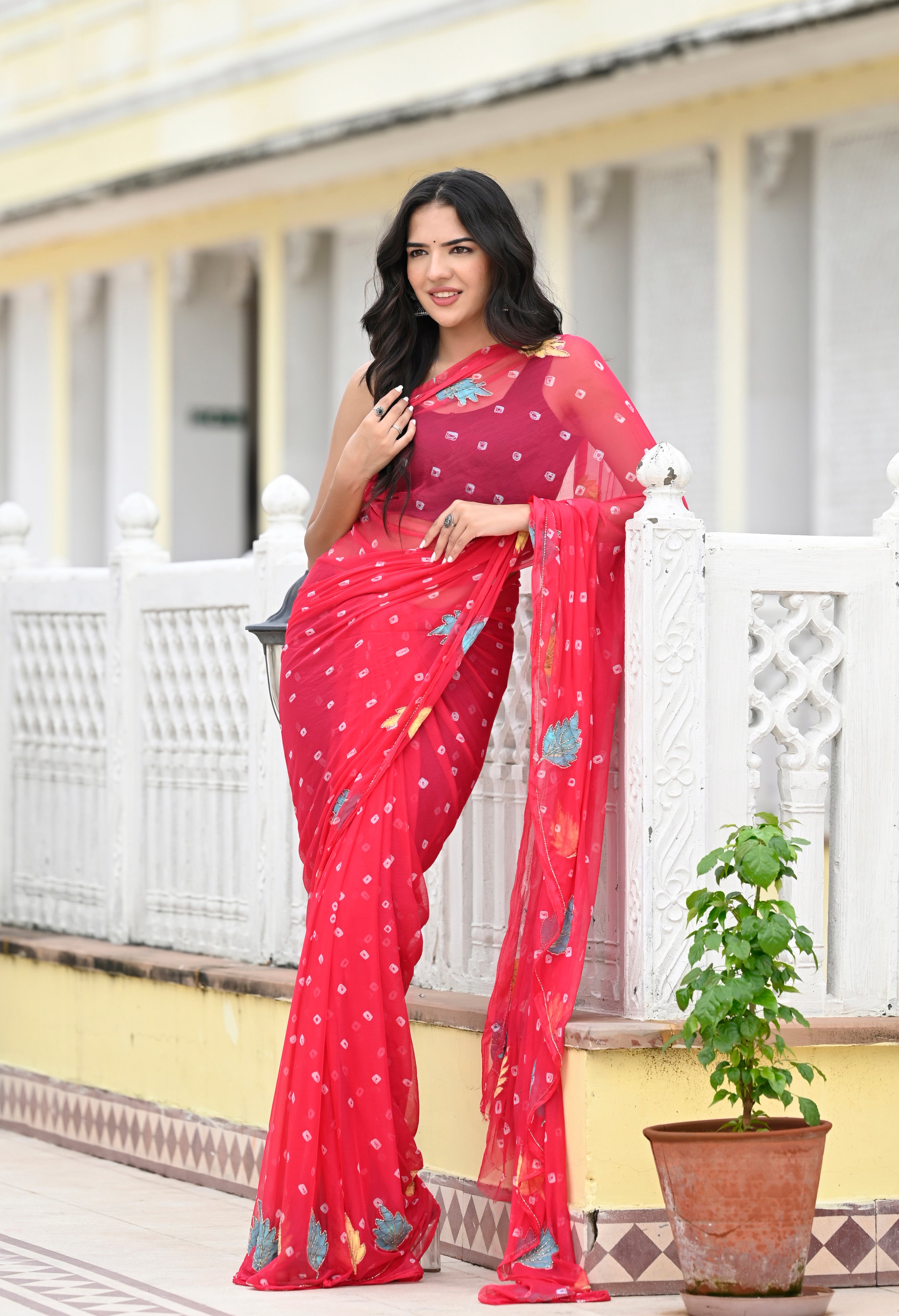 Rani Pink Chiffon in Jaipur Bandhani Style