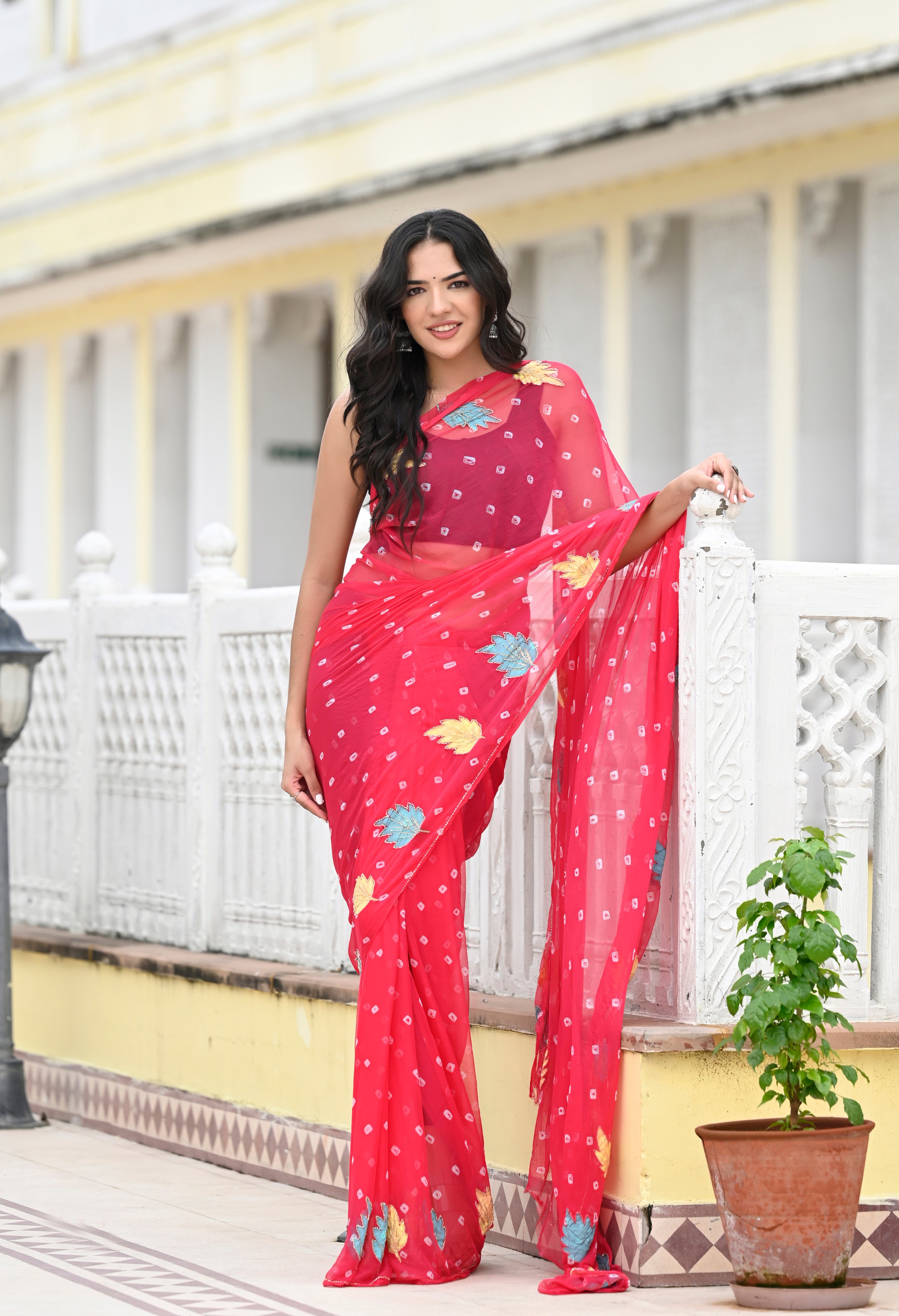 Rani Pink Chiffon in Jaipur Bandhani Style