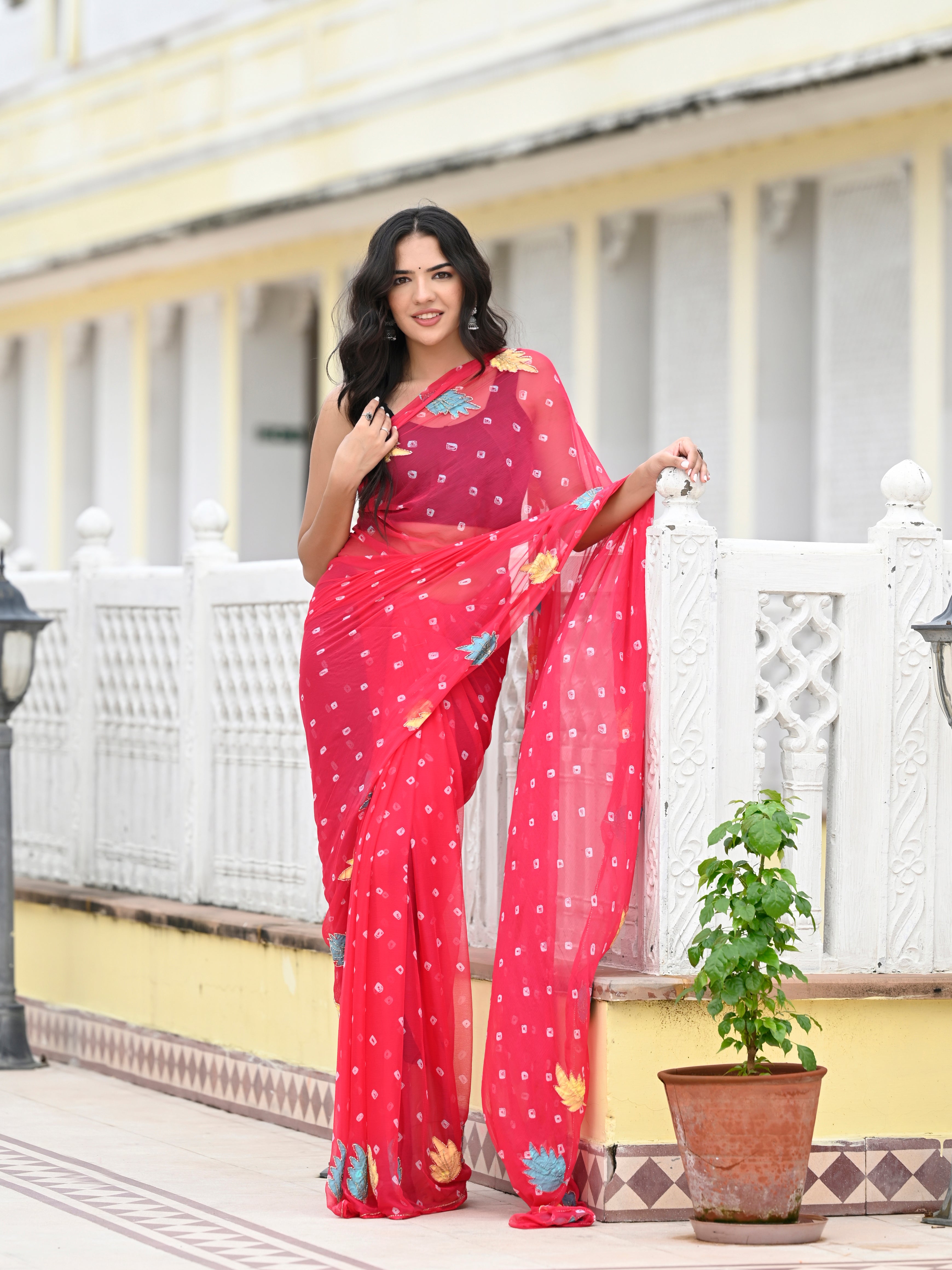 Rani Pink Chiffon in Jaipur Bandhani Style