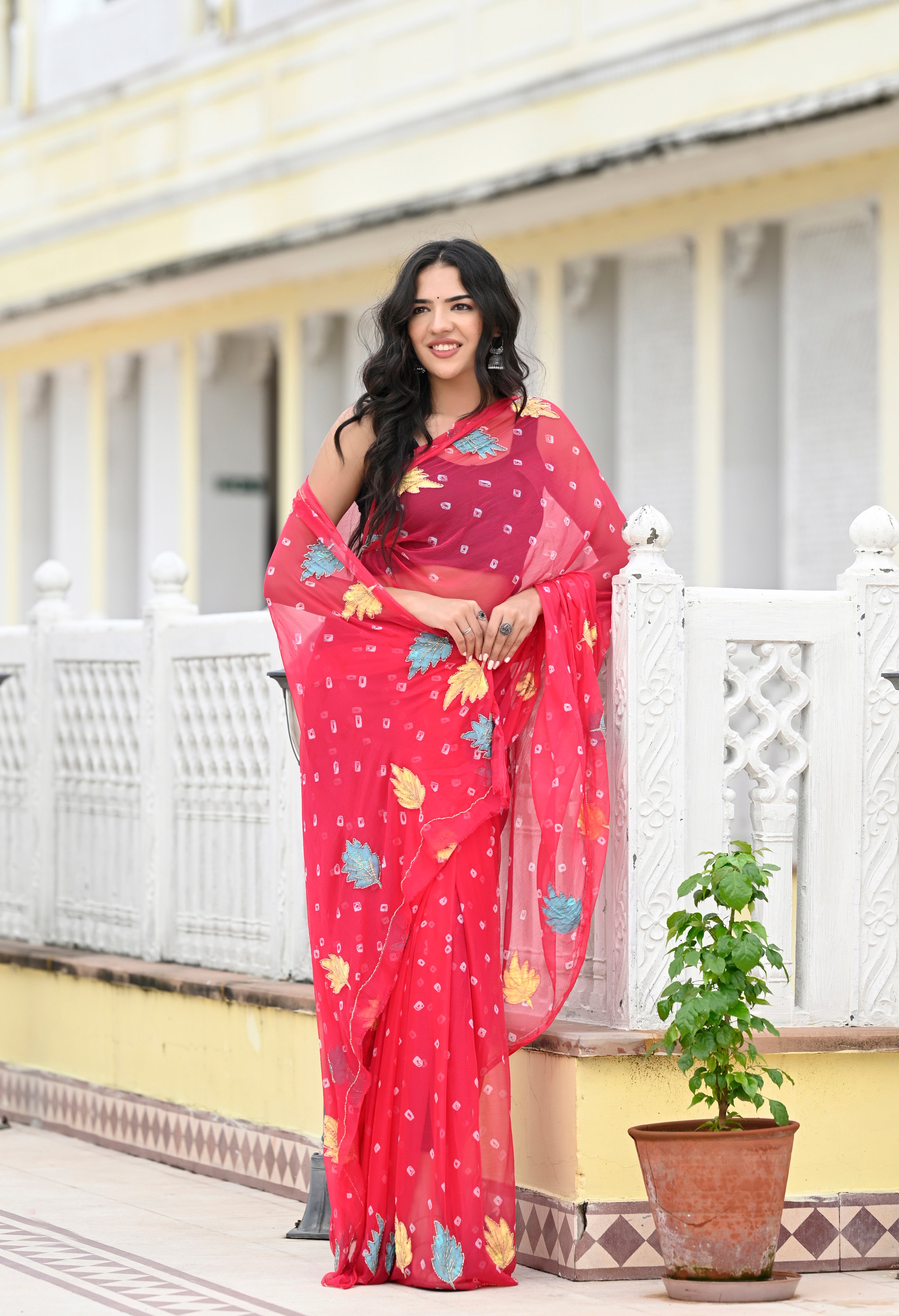 Rani Pink Chiffon in Jaipur Bandhani Style