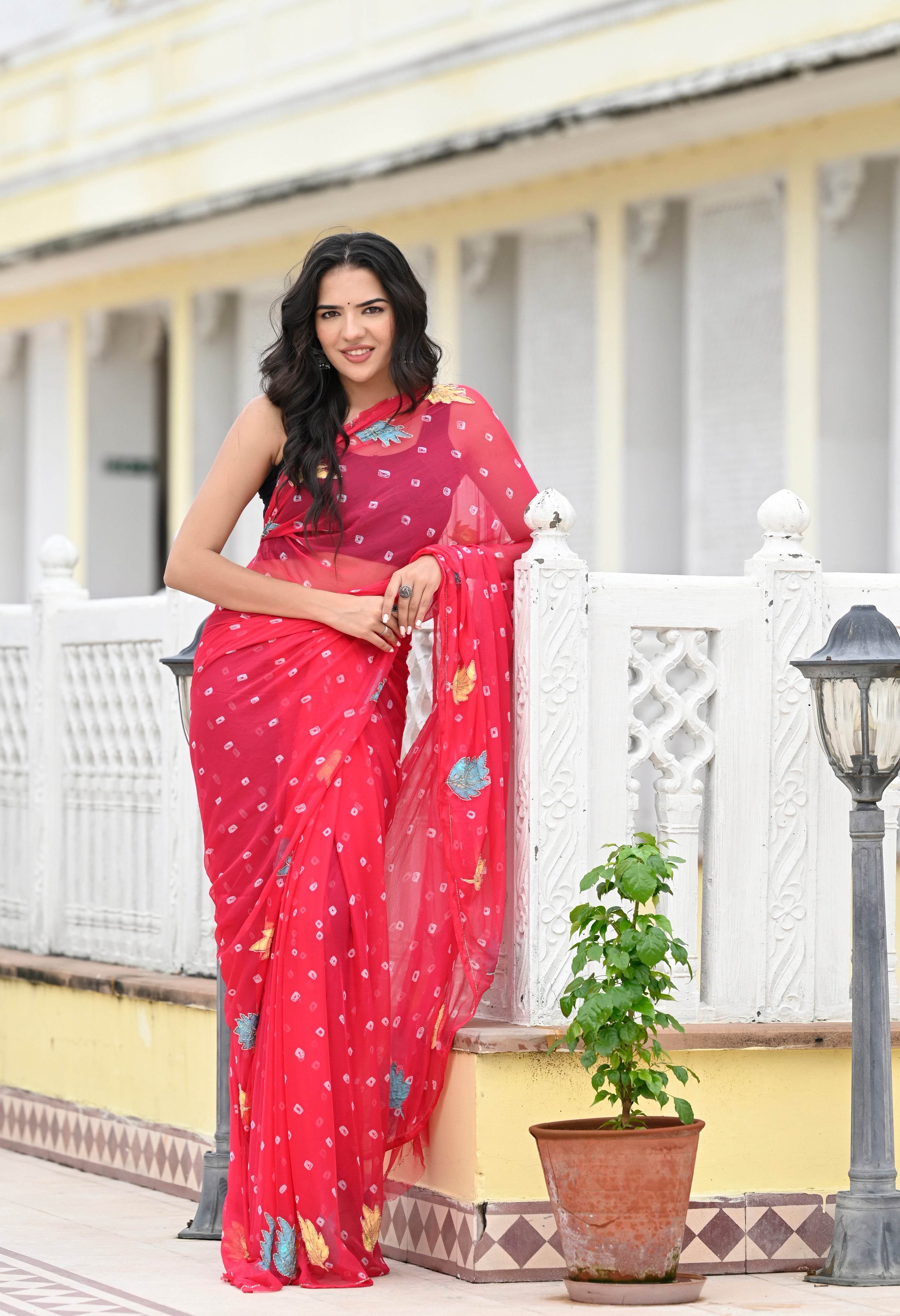 Rani Pink Chiffon in Jaipur Bandhani Style