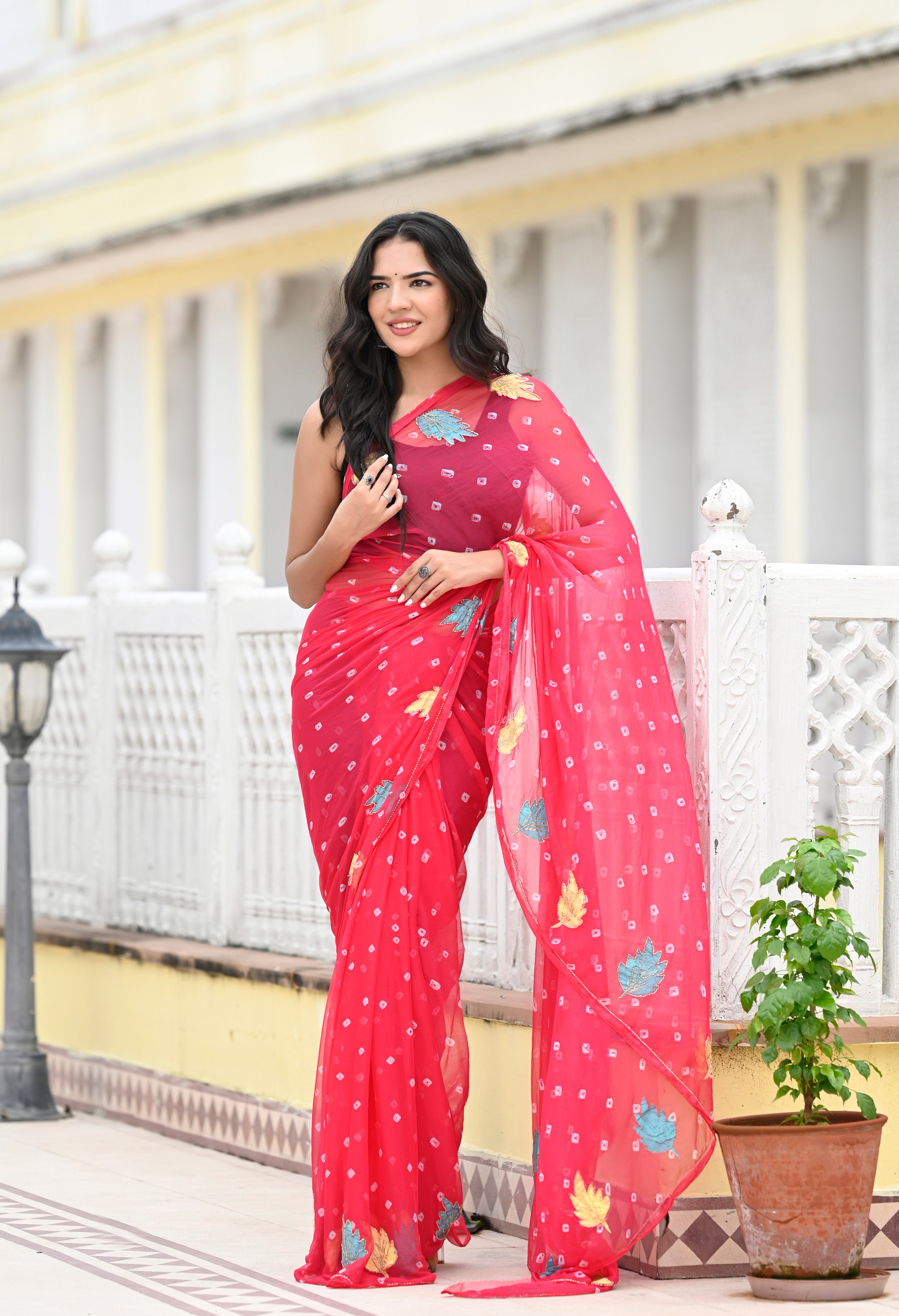 Rani Pink Chiffon in Jaipur Bandhani Style