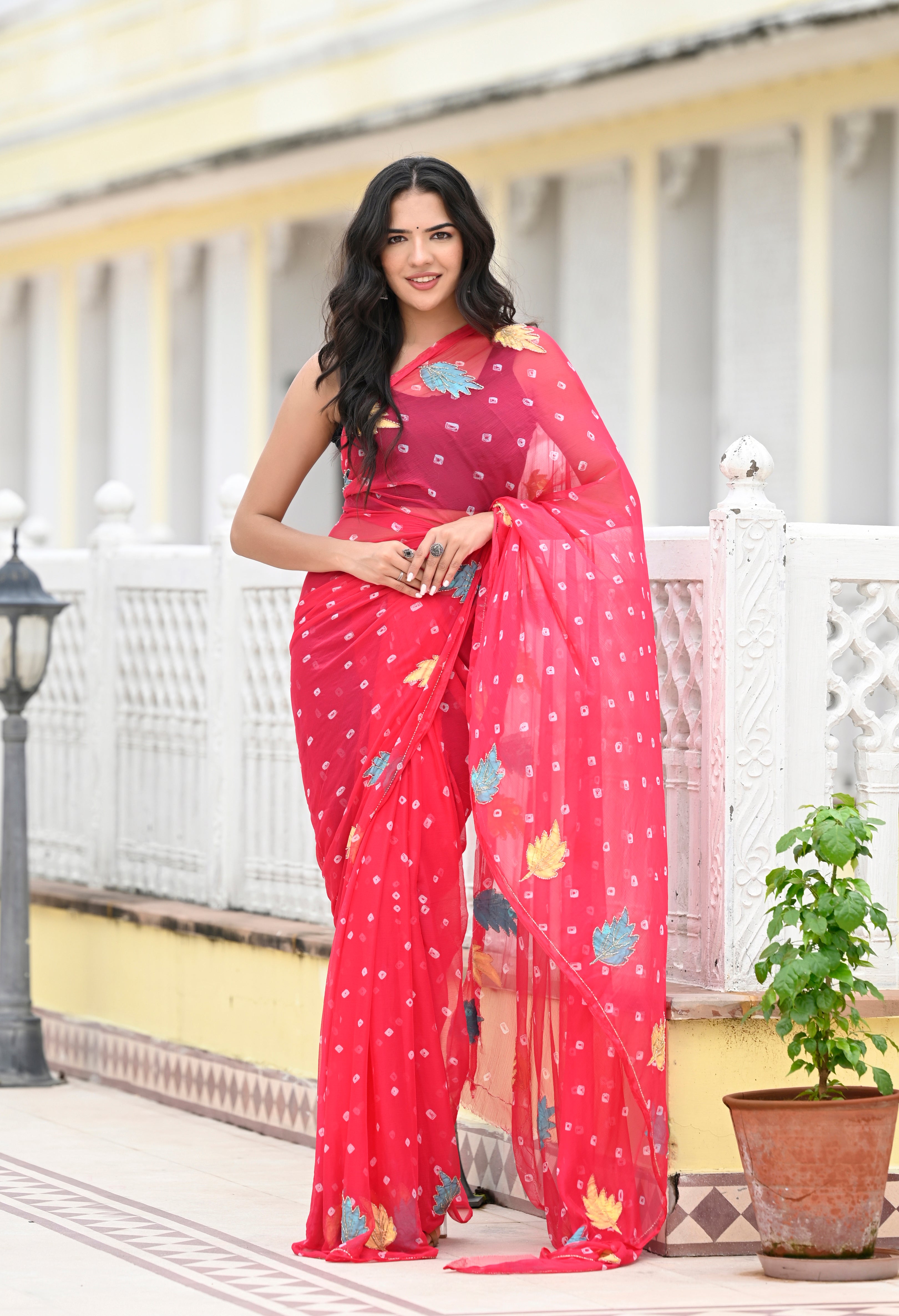 Rani Pink Chiffon in Jaipur Bandhani Style