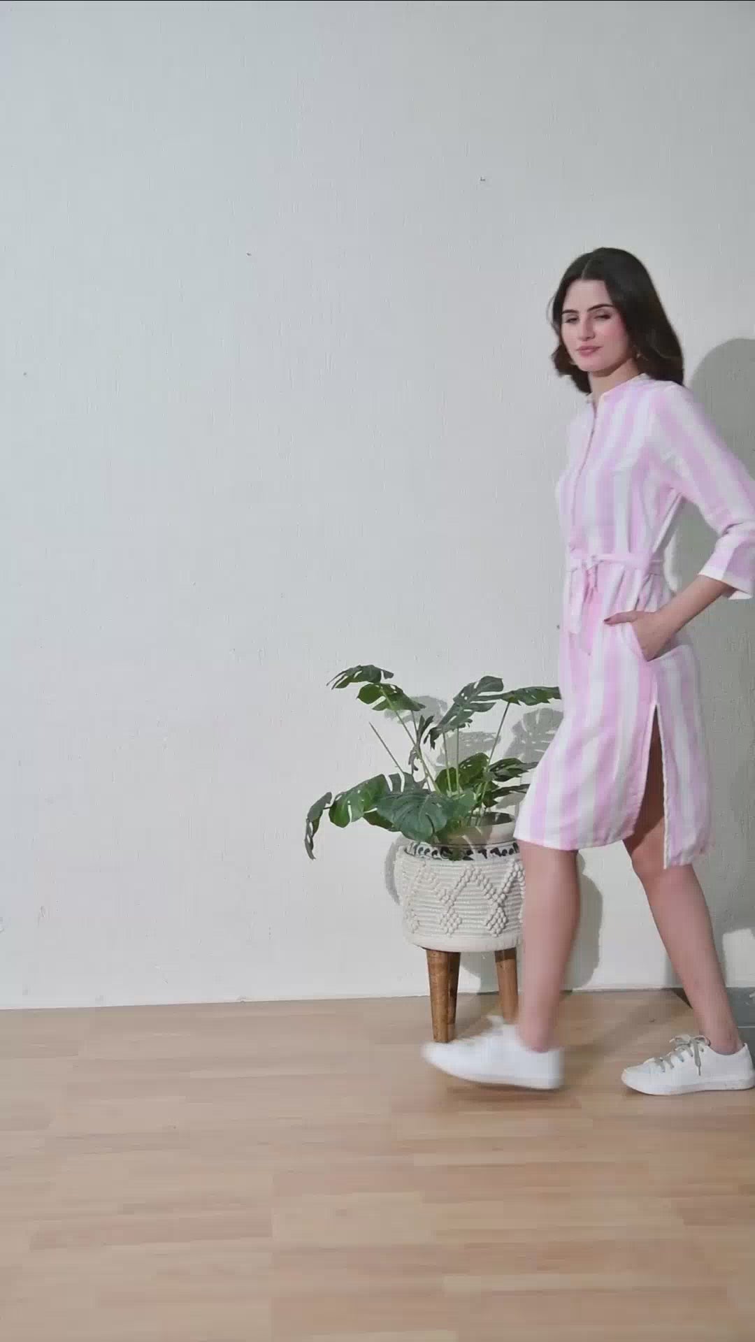 Pink & White Stripe Cotton Full Sleeve Dress (with Pocket)