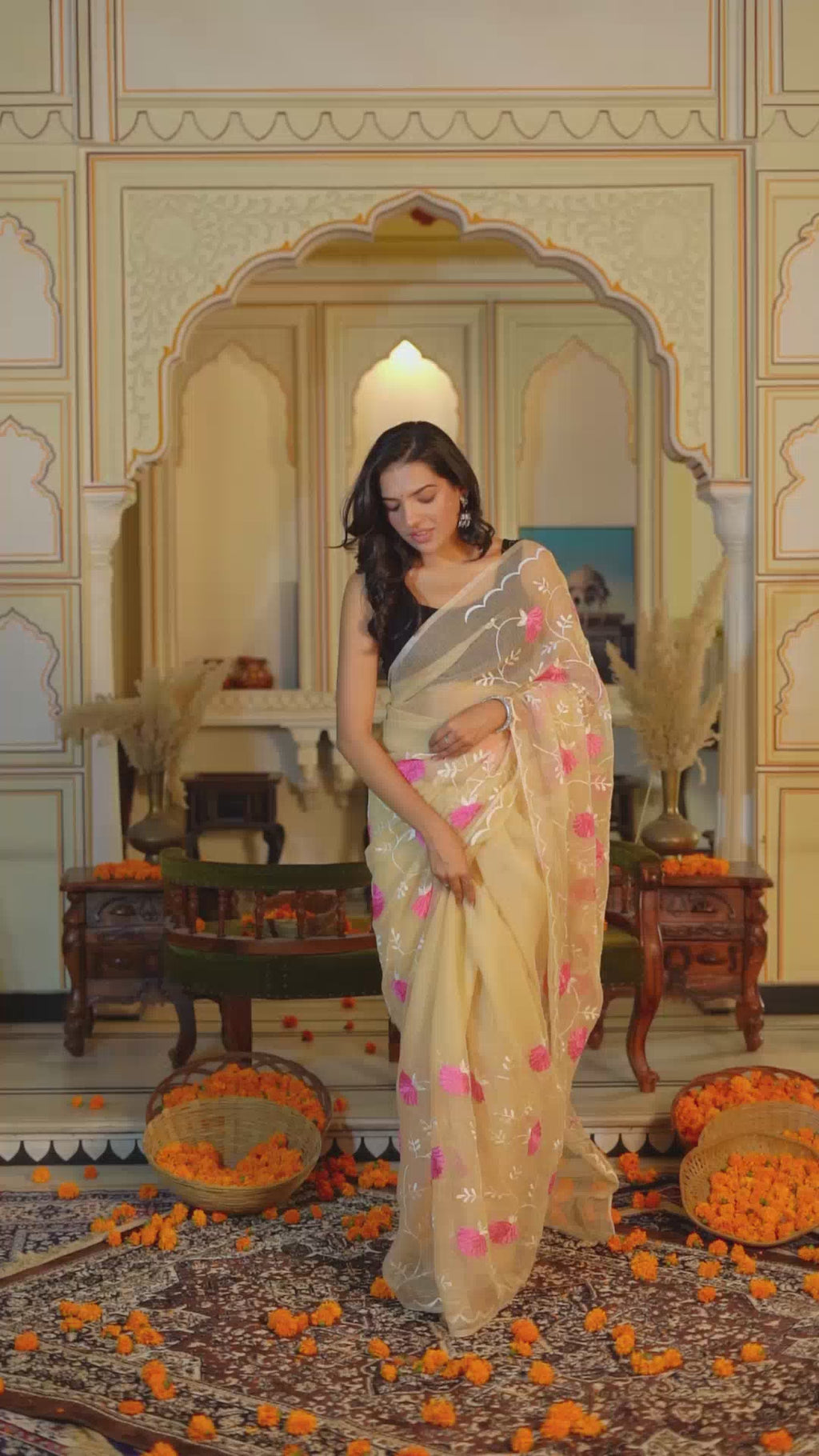 Beige Nude Cotton Saree with Sublime Floral Embroidery