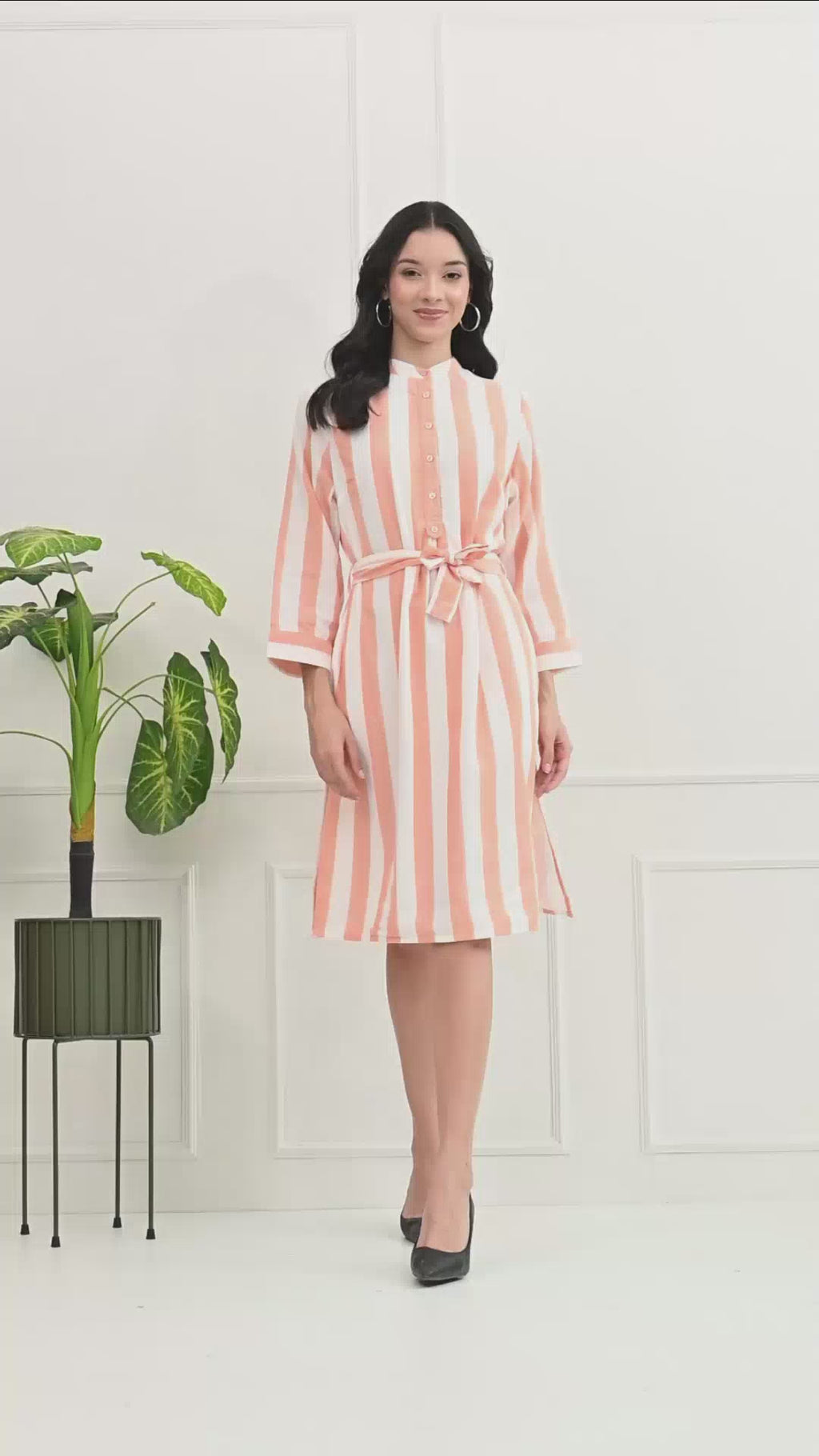 Peach & White Stripe Cotton Full Sleeve Dress (with Pocket)