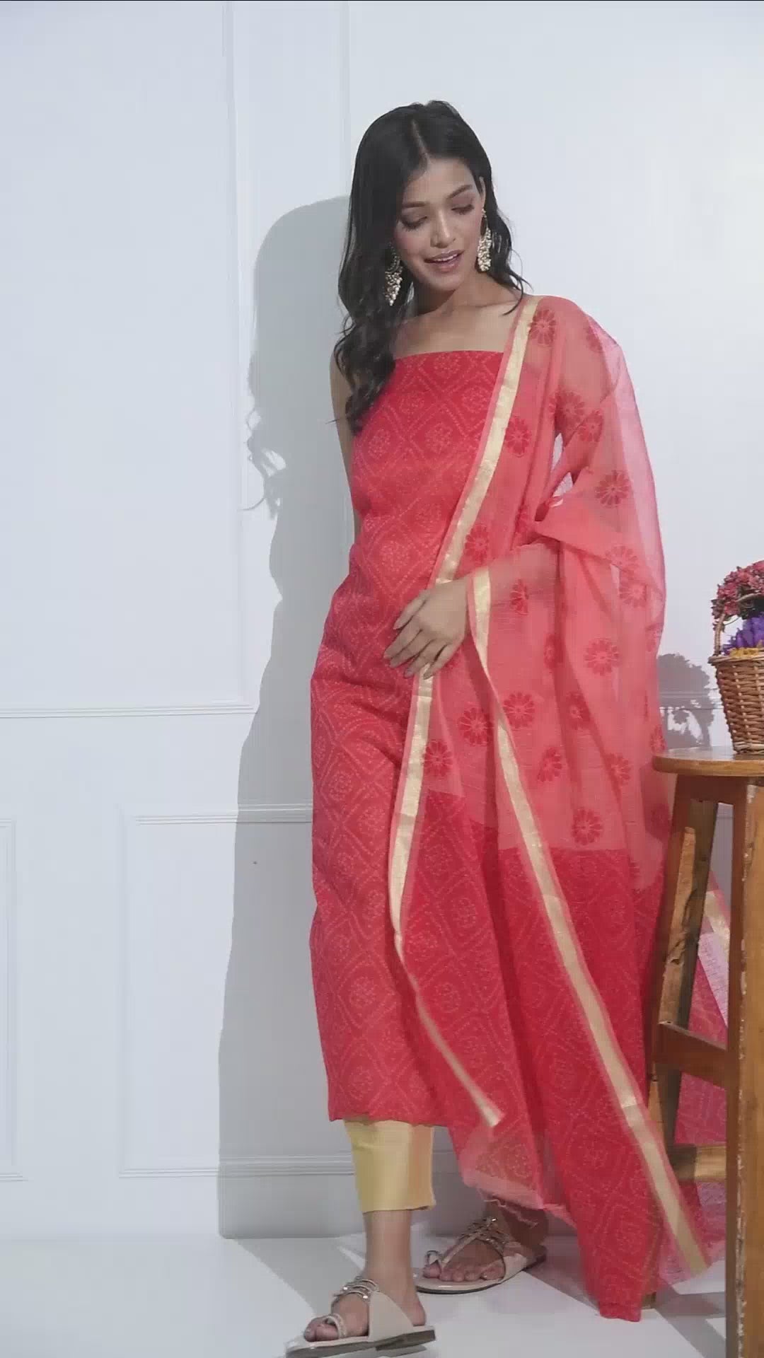 Red Bandhani Kota Doria (Unstitched Suit)