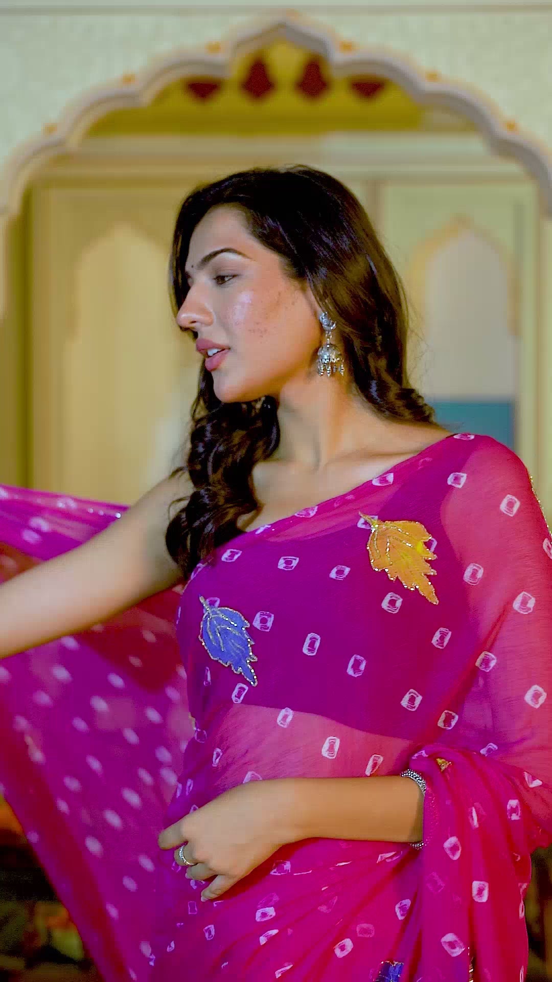 Rani Pink (Magenta) Chiffon Saree with Exquisite Jaipur Pattern