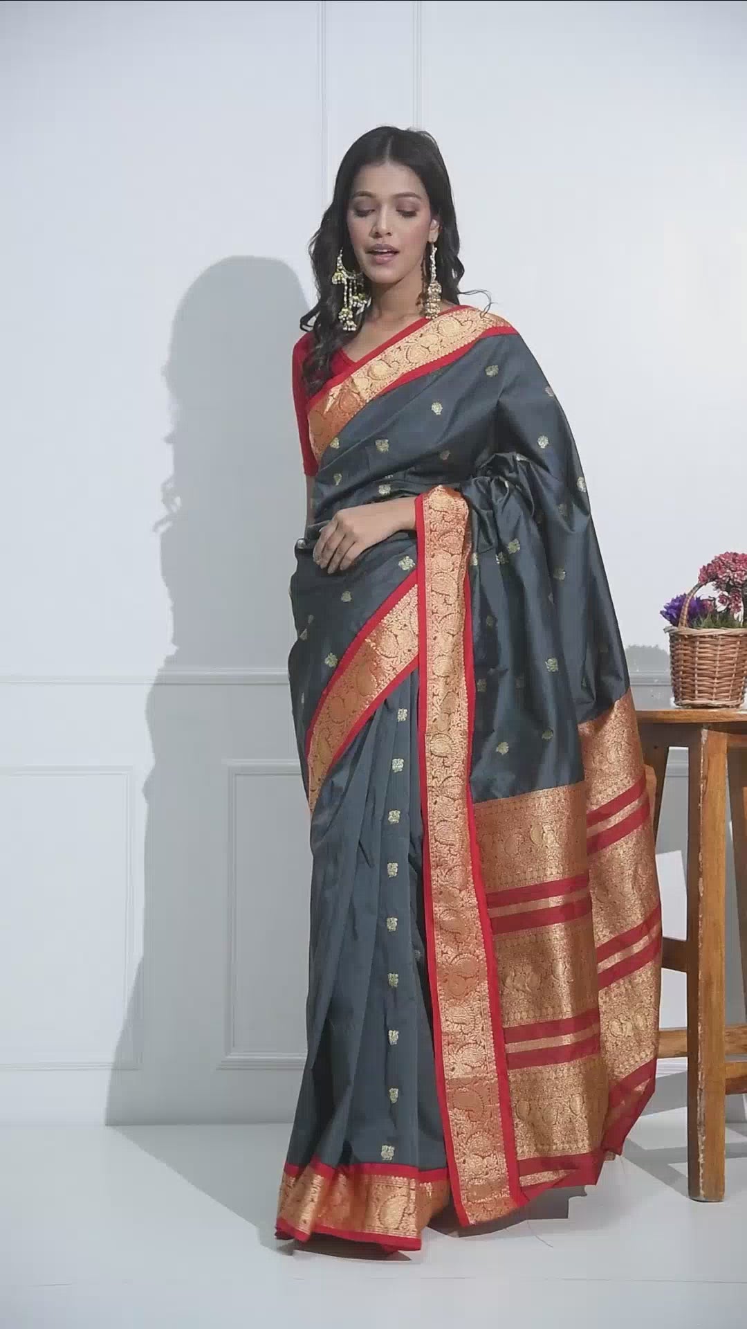 Slate Grey Bangalore Kadiyal Silk With Red and Gold Zari Border