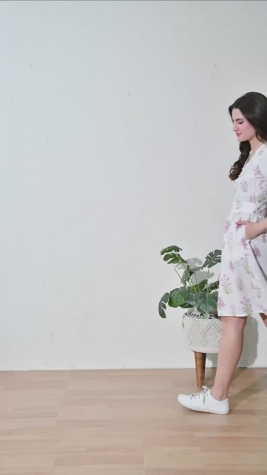 White with Pink Floral Cotton Summer Dress (with Pocket)